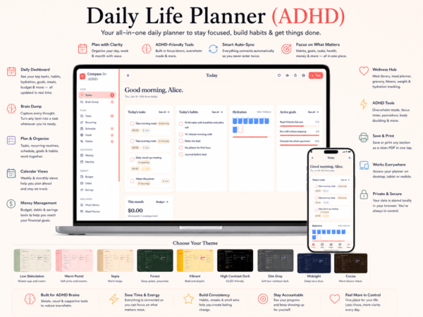ADHD Daily Life Planner Digital HTML App – Offline All-in-One Life Organizer