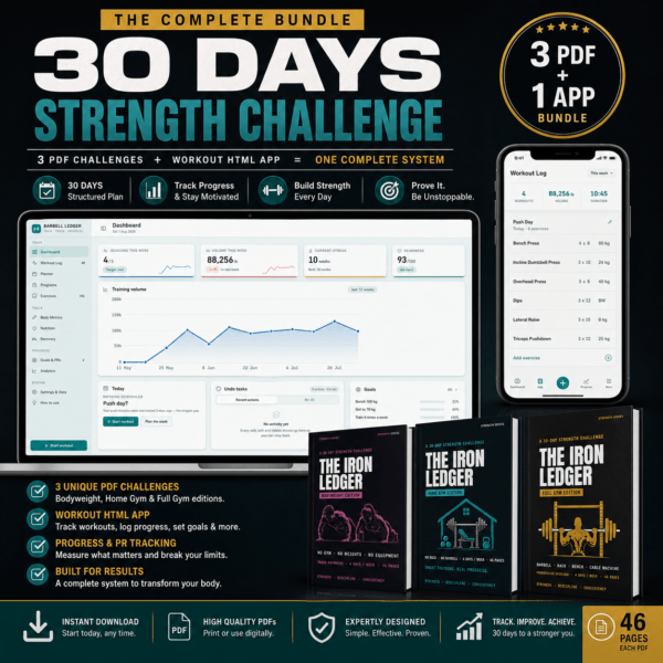 30-Days Strength Workout Bundle + Workout Tracker App | Gym, Home & Bodyweight