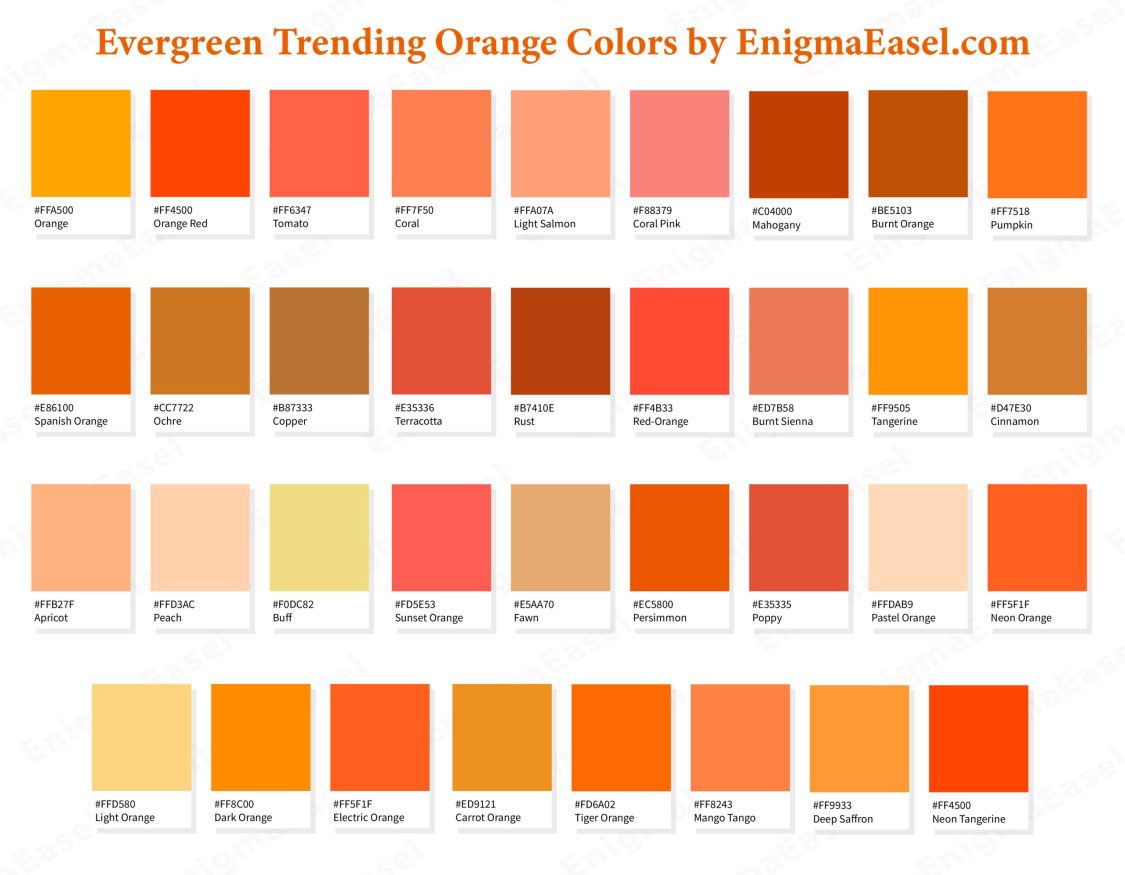 Evergreen Trending Orange Colors with Hex Codes and Names