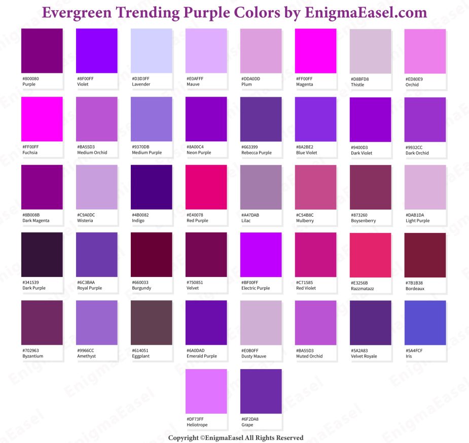 Evergreen Trending Purple Colors wiith Hex Codes and Names